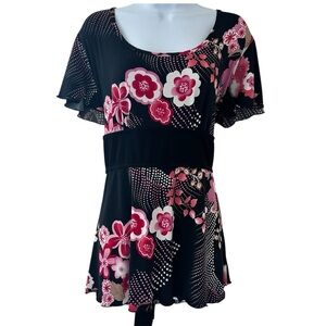 Volume One Vtg Y2K Cherry Blossom Floral Black and Pink Top XL Empire Waist Tie